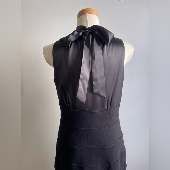 Donna Ricco NY Black Satin Sleeveless Bandage Dress 8 Bodycon High Neck Bow - Picture 4 of 5